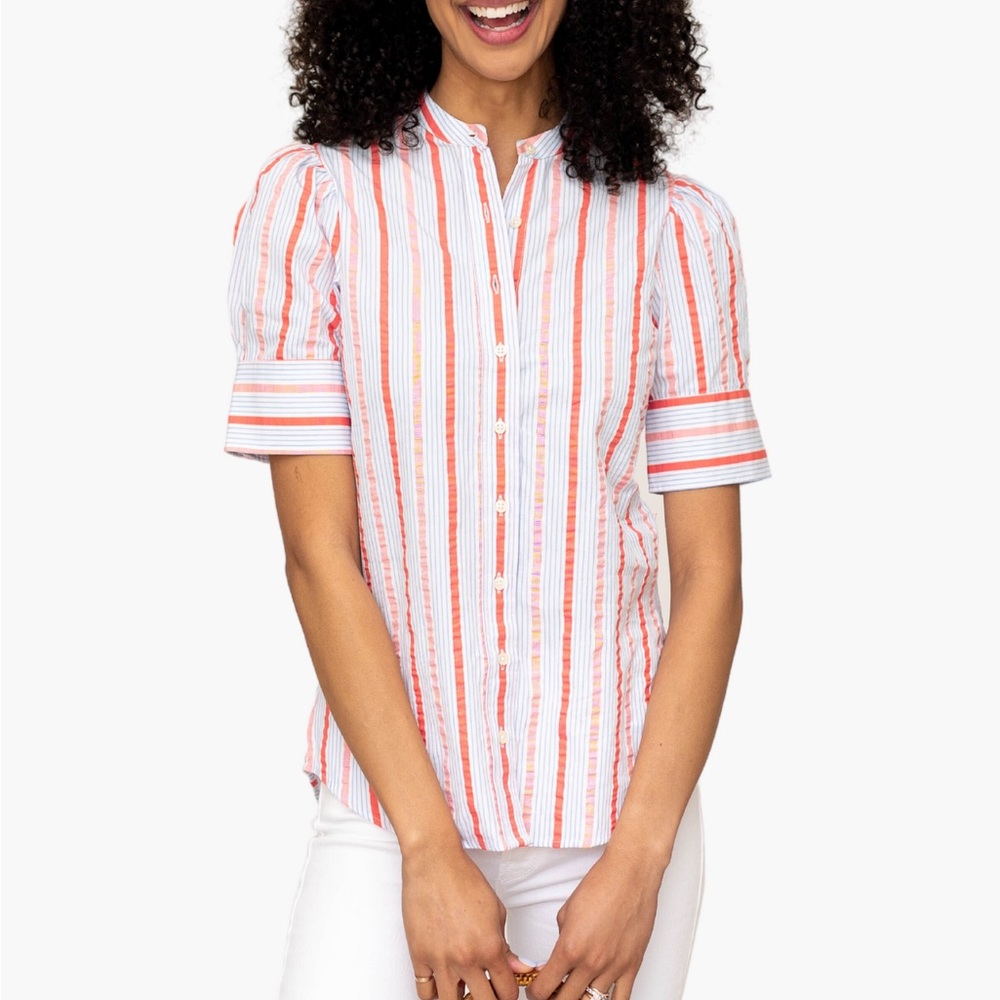 NEW The Shirt by Rochelle Behrens Pink stripe button up shirt